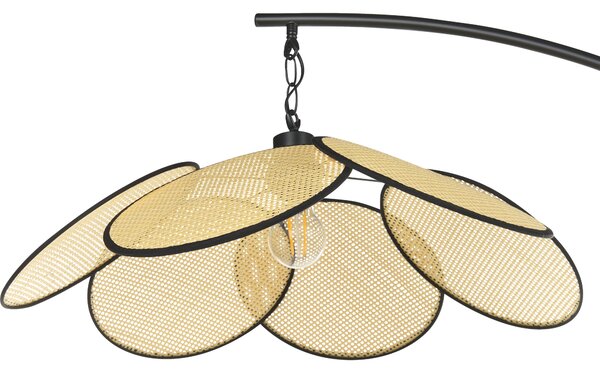 Stojaca lampa čierna kovová oblúková stojanová lampa s papierovým tienidlom s ratanovým efektom