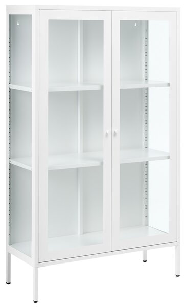 Vitrína biela kovová oceľ 90 x 35 x 150 cm 2 dvierka sklenená predná a bočná časť skrinka moderný štýl kancelária