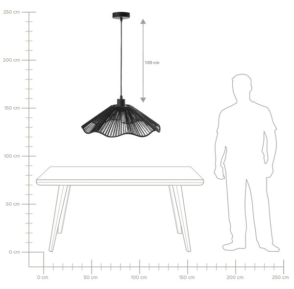 Závesná lampa čierna papierové tienidlo kovová základňa ručná výroba boho rustikálny štýl kuchyňa jedáleň