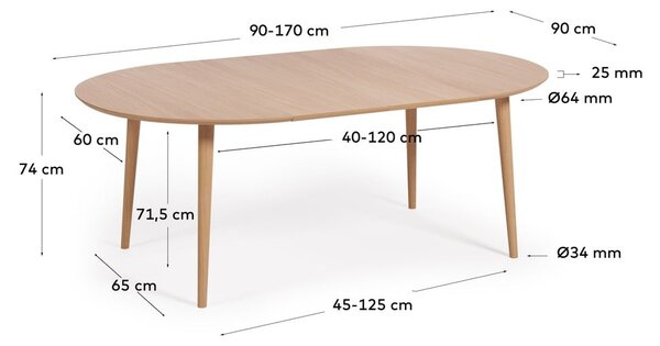 Okrúhly rozkladací jedálenský stôl v dekore duba v prírodnej farbe ø 90 cm Oqui – Kave Home