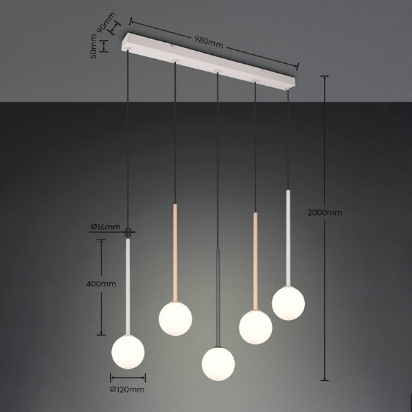Trio Lighting Závesné svietidlo Firano, farebné, dĺžka 107 cm, kovová, 5-pl., Viacfarebné, Obývacia izba / jedáleň, kov, Moderný, Závesné svietidlo
