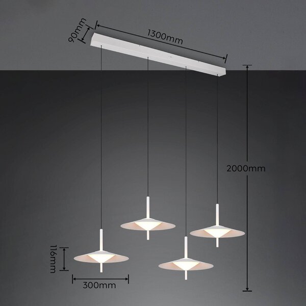 Trio Lighting LED závesné svietidlo Amalo, matná biela, dĺžka 146 cm, 4-pl., Biela / opálová, Obývacia izba / jedáleň, kov, Moderný, Závesné svietidlo