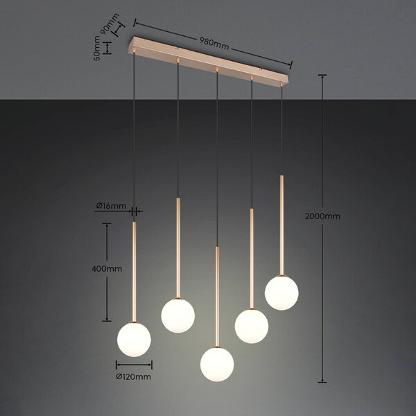 Trio Lighting Závesné svietidlo Firano, zlatá, dĺžka 107 cm, kovová, 5-pl., Mosadz / zlato, Obývacia izba / jedáleň, kov, Moderný, Závesné svietidlo