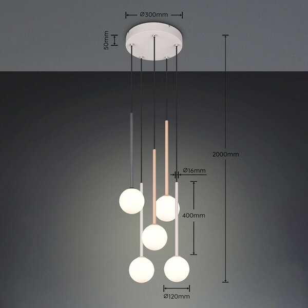 Trio Lighting Závesné svietidlo Firano, farebné, Ø 36 cm, kovové, 5-pl., Viacfarebné, Obývacia izba / jedáleň, kov, Moderný, Závesné svietidlo