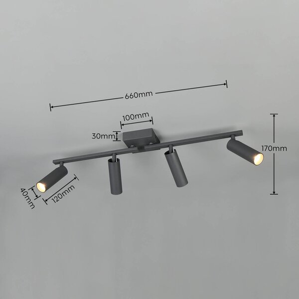 Trio Lighting Stropné bodové svetlo Dara, dĺžka 66 cm, antracitová farba, kov, 4-pl., Čierna, Obývacia izba / jedáleň, kov, Moderný, Stropné svetlo