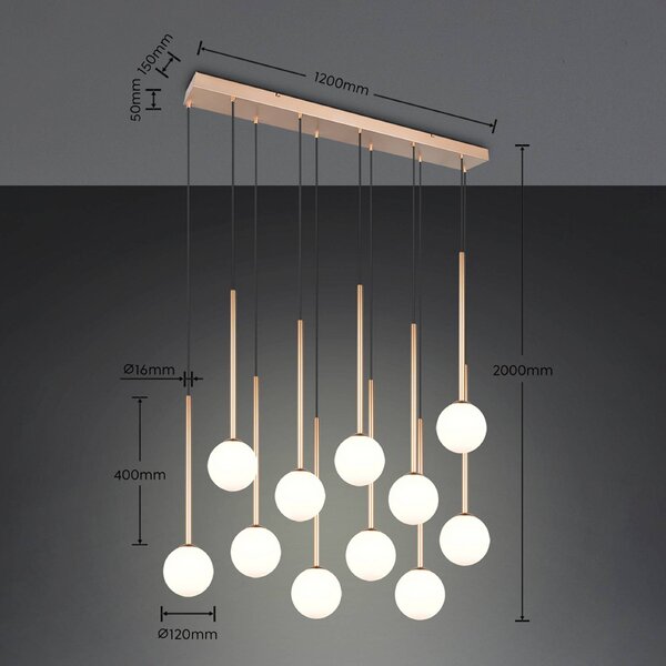 Trio Lighting Závesné svietidlo Firano, zlatá, dĺžka 129 cm, kov, 11-pl., Mosadz / zlato, Obývacia izba / jedáleň, kov, Moderný, Závesné svietidlo