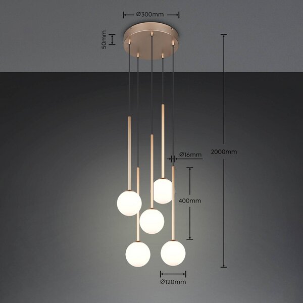 Trio Lighting Závesné svietidlo Firano, zlatá, Ø 36 cm, kov, 5-pl., Mosadz / zlato, Obývacia izba / jedáleň, kov, Moderný, Závesné svietidlo