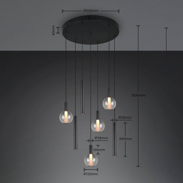 Trio Lighting LED závesné svietidlo Melaro, Ø 59 cm, čierna, kov/sklo, 7-pl., Čierna, Obývacia izba / jedáleň, kov, Závesné svietidlo