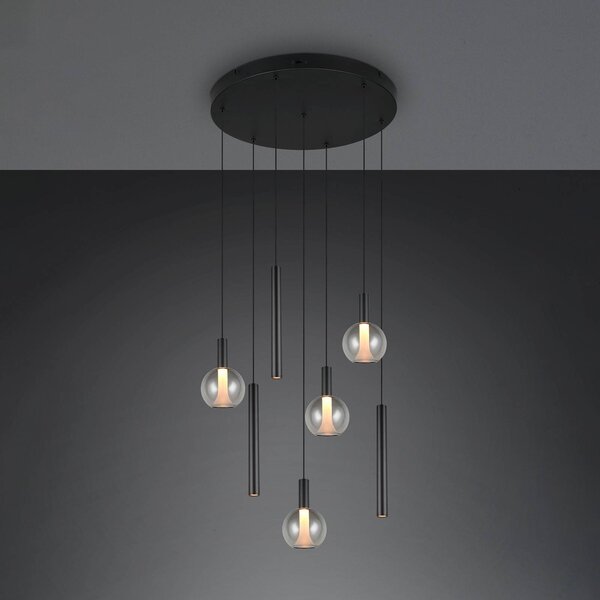 Trio Lighting LED závesné svietidlo Melaro, Ø 59 cm, čierna, kov/sklo, 7-pl., Čierna, Obývacia izba / jedáleň, kov, Závesné svietidlo