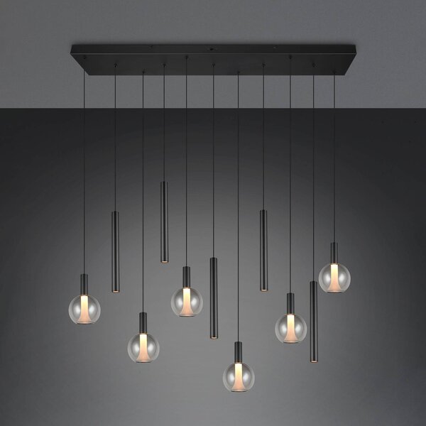 Trio Lighting LED závesné svietidlo Melaro, dĺžka 120 cm, čierna, kov/sklo, 11-pl., Čierna, Obývacia izba / jedáleň, kov, Závesné svietidlo