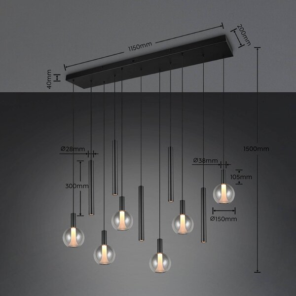 Trio Lighting LED závesné svietidlo Melaro, dĺžka 120 cm, čierna, kov/sklo, 11-pl., Čierna, Obývacia izba / jedáleň, kov, Závesné svietidlo