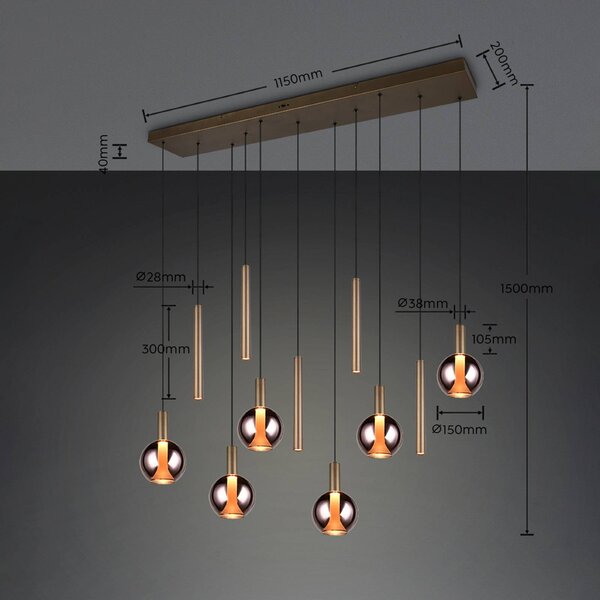 Trio Lighting LED závesné svietidlo Melaro, 120 cm, platinová, kov/sklo, 11-pl., Hliník / sivá / zinok, Obývacia izba / jedáleň, kov, Závesné svietidlo