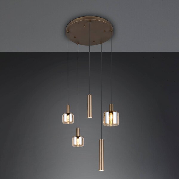 Trio Lighting Závesné svietidlo Mataro, béžová, Ø 55 cm, 5-pl., sklo/kov, Krémová / jantárovo žltá, Obývacia izba / jedáleň, Sklo, Moderný, Závesné svietidlo