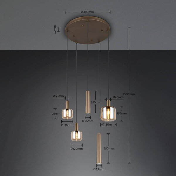 Trio Lighting Závesné svietidlo Mataro, béžová, Ø 55 cm, 5-pl., sklo/kov, Krémová / jantárovo žltá, Obývacia izba / jedáleň, Sklo, Moderný, Závesné svietidlo
