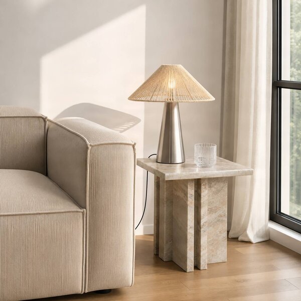 Lucande Stolová lampa Stephane, niklová, výška 50 cm, konopné lano, Krémová / jantárovo žltá, Obývacia izba / jedáleň, Textil / látka / hodváb, Moderný, Stojacie svietidlo