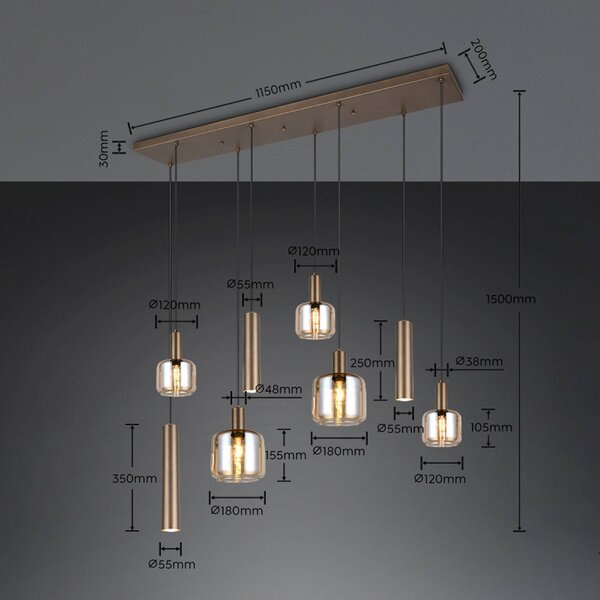 Trio Lighting Závesné svietidlo Mataro, platinová farba, 118 cm, 8-pl., sklo/kov, Hliník / sivá / zinok, Obývacia izba / jedáleň, Sklo, Moderný, Závesné svietidlo