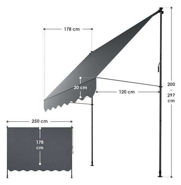 Balkónová markíza 250x120 cm, sivá, výškovo nastaviteľná