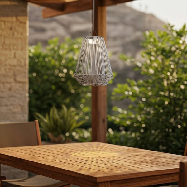 Lindby LED solárna závesná lampa Austas, sivá, Ø 32 cm, USB, IP54, Hliník / sivá / zinok, Plast, Moderný