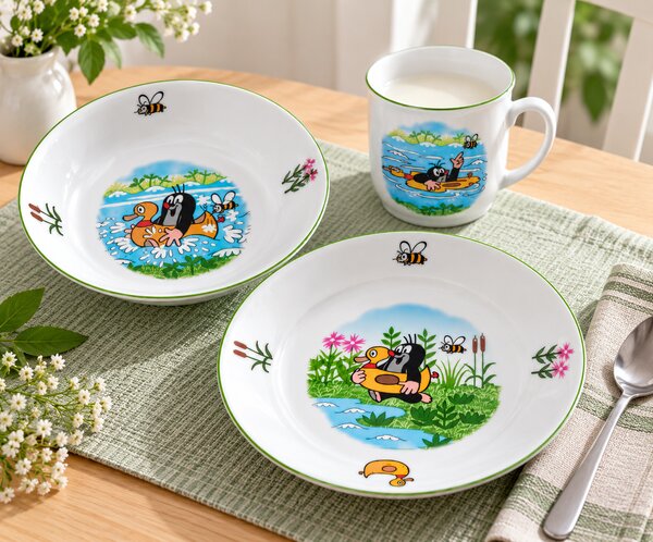 Detská porcelánová tanierová súprava Krtko – kačička, 3-dielna (Darčekové balenie)