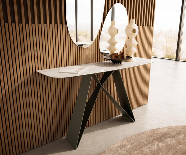 DELIFE Konzolový stolík Edge zaoblený tvar 140×40 cm keramika onyx šampanské Velio kov titánová farba