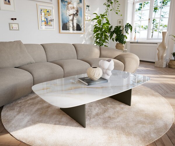 DELIFE Konferenčný stolík Edge zaoblený 140×80 cm keramika Onyx Pearl Salto kov titánová farba efekt