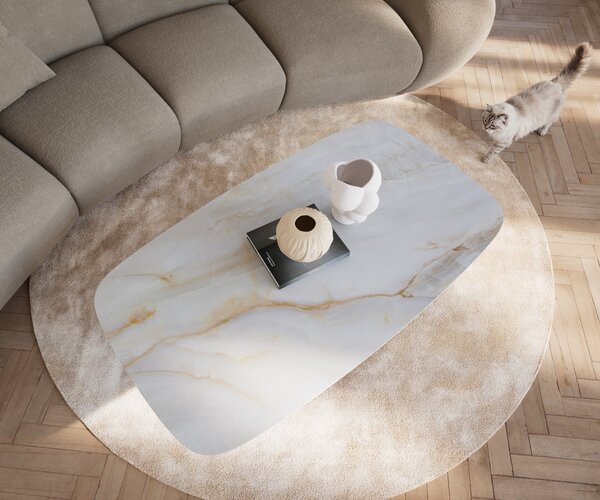 DELIFE Konferenčný stolík Edge zaoblený 140×80 cm keramika Onyx Pearl Salto kov titánová farba efekt