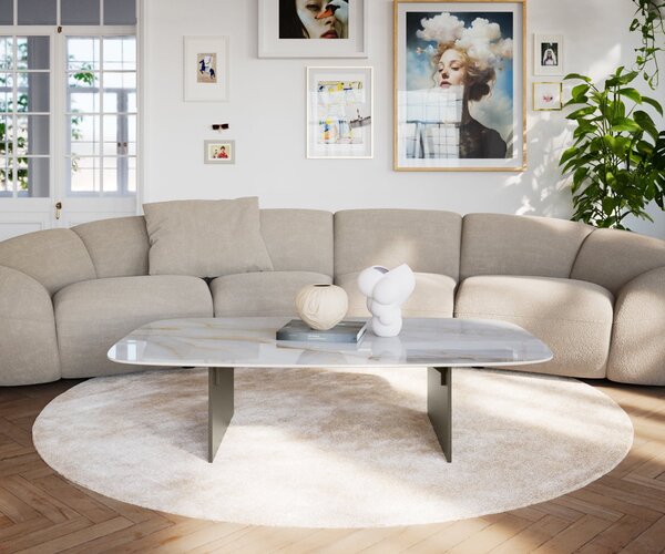 DELIFE Konferenčný stolík Edge zaoblený 140×80 cm keramika Onyx Pearl Salto kov titánová farba efekt