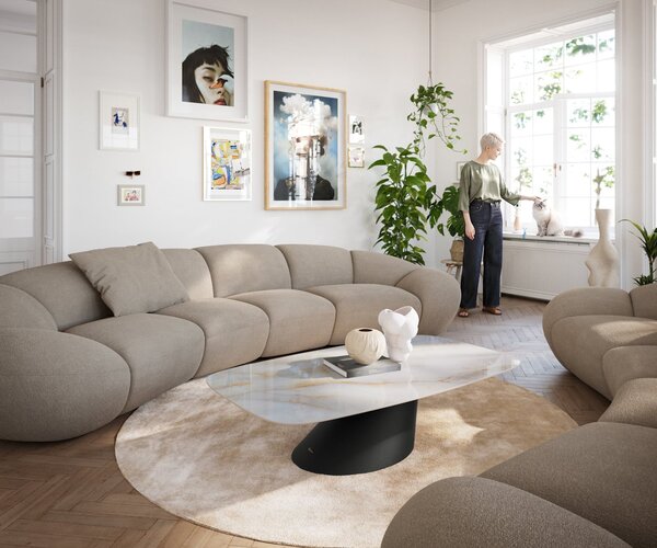 DELIFE Konferenčný stolík Edge zaoblený tvar 140×80 cm keramika onyx perla salto kov čierna