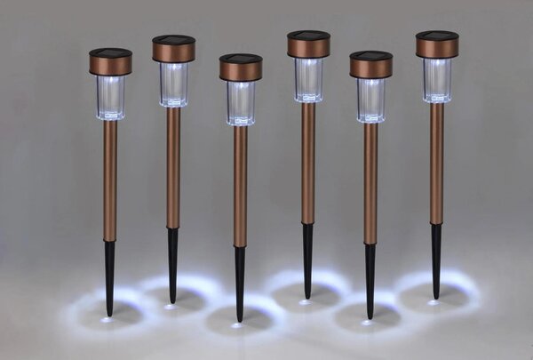 Sada 6 solárnych svietidiel z nehrdzavejúcej ocele s medeným vzhľadom – LED, IPX4, výška 340 mm, priemer 47 mm