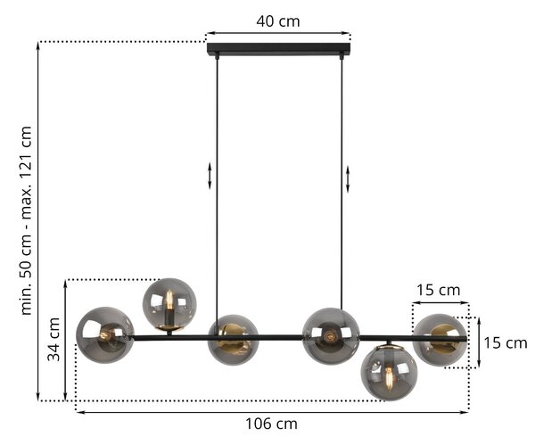 Závesne svietidlo Paris, 6x grafitové sklenené tienidlo, B/G