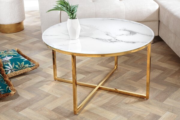 Kávový stolík ELEGANCE 80cm vzhľad mramoru biely zlaté nohy