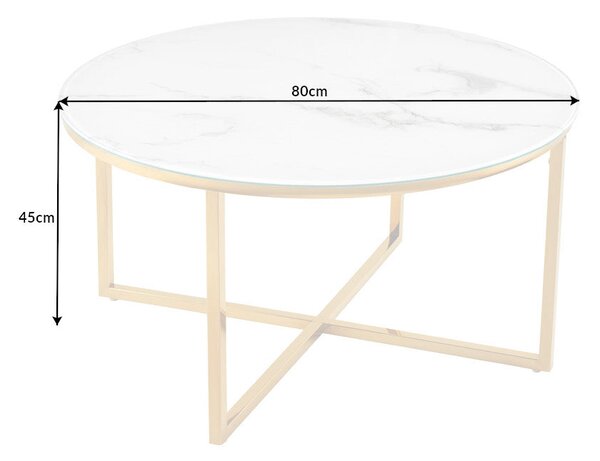 Kávový stolík ELEGANCE 80cm vzhľad mramoru biely zlaté nohy
