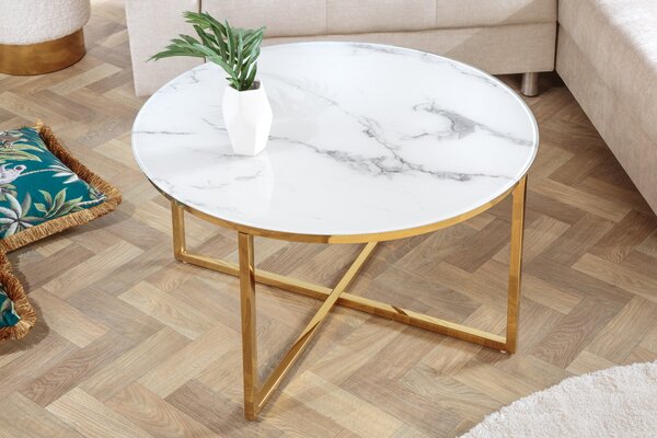 Kávový stolík ELEGANCE 80cm vzhľad mramoru biely zlaté nohy