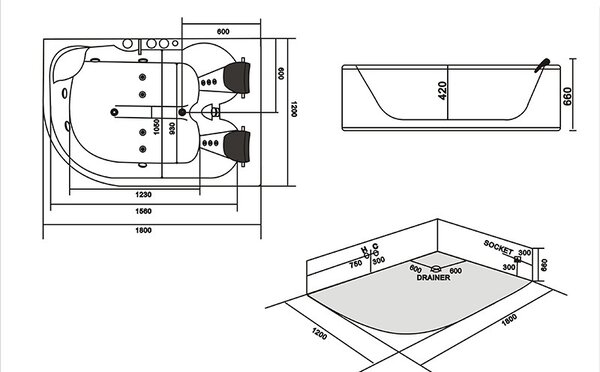BPS-koupelny Hydromasážna vírivá vaňa Carmen 631L 180x120, ľavá