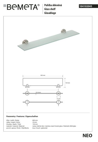 Bemeta Design NEO: Polička, 600 mm, sklo - 104102045