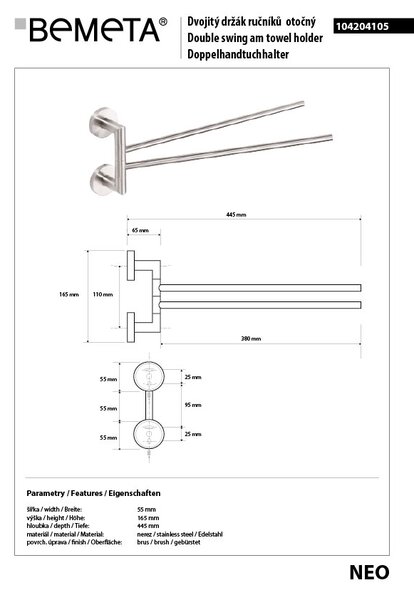 Bemeta Design NEO: Držiak uterákov, 445 mm, dvojitý, otočný - 104204105