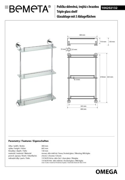Bemeta Design OMEGA: Polička, 400 mm, trojitá, sklo - 104202132