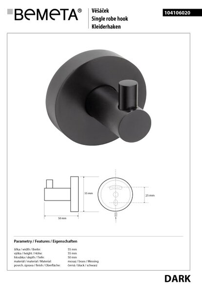 Bemeta Design DARK: Háčik - 104106020