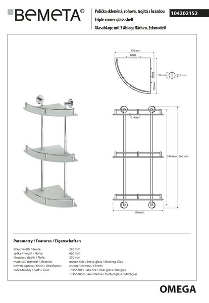 Bemeta Design OMEGA: Polička, rohová, trojitá, sklo - 104202152