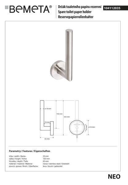 Bemeta Design NEO: Držiak toaletného papiera, rezervný, nerez - 104112035