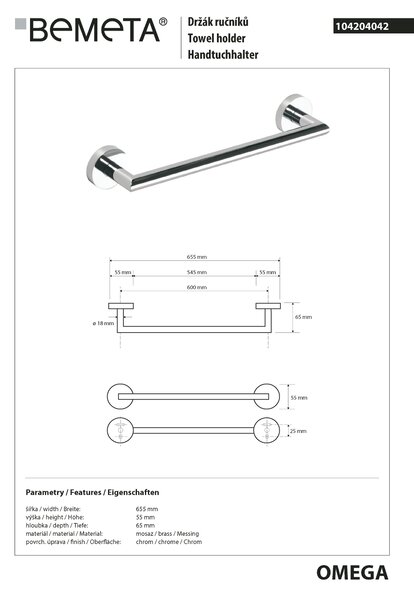 Bemeta Design OMEGA: Držiak uterákov, 600 mm - 104204042