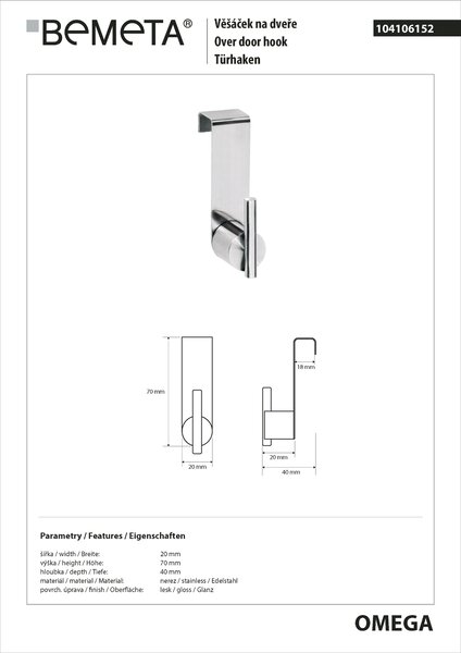Bemeta Design OMEGA: Háčik, na dvere - 104106152
