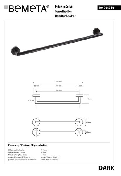 Bemeta Design DARK: Držiak uterákov, 300 mm - 104204010