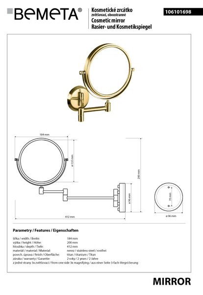 Bemeta Design RETRO zlato: Kozmetické zrkadlo, ø 140 mm, obojstranné - 106101698