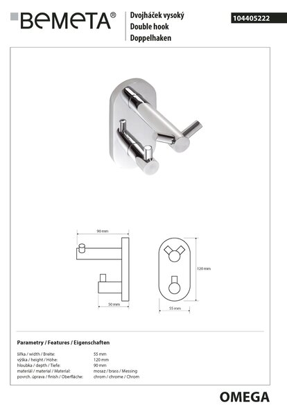 Bemeta Design OMEGA: Vešiak, s 2 háčikmi - 104405222