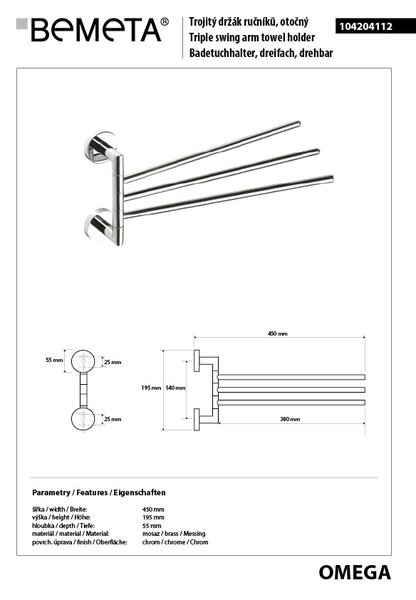 Bemeta Design OMEGA: Držiak uterákov, trojitý, otočný 450 mm - 104204112