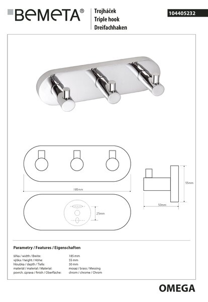 Bemeta Design OMEGA: Vešiak, s 3 háčikmi - 104405232