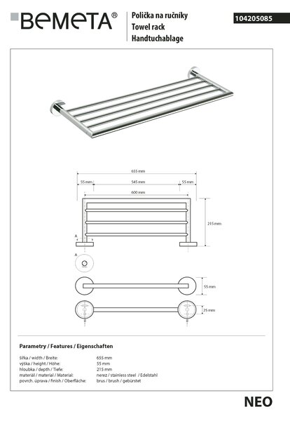 Bemeta Design NEO: Držiak uterákov, 600 mm - 104205085