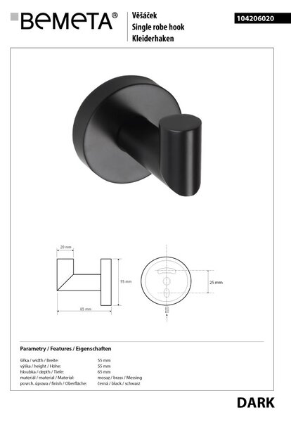 Bemeta Design DARK: Háčik - 104206020