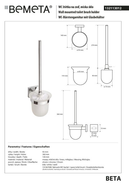 Bemeta Design BETA: WC kefa, na zavesenie, sklo - 132113012
